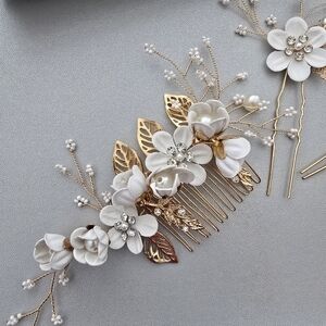 3pcs White Flower Bridal Headpiece Gold Comb Pin